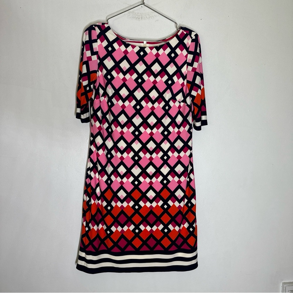 Eliza J Pink Orange Blue Diamond Dress‎ 8 Exposed Zipper Short Sleeve Lined CP